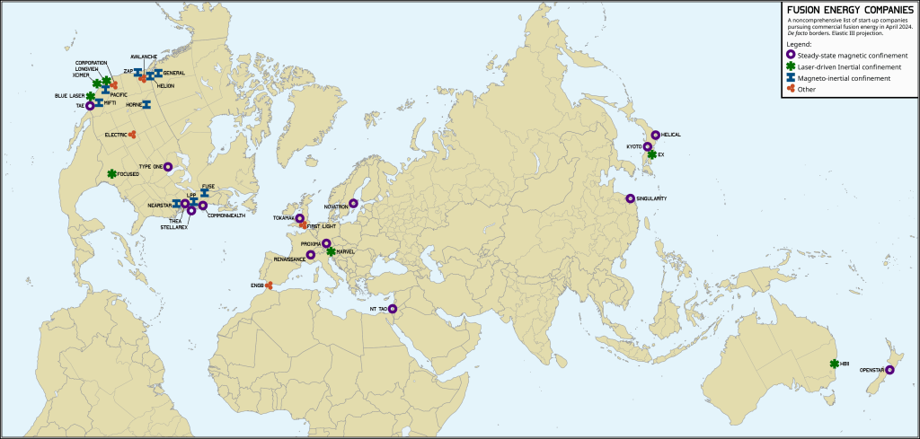 A map showing fusion companies in the following locations.
Canada: General Fusion, Fuse.
United States: Avalanche, Helion, Zap, Fusion Power Corporation, Longview, Pacific, Xcimer, Blue Laser, MIFTI, TAE, Horne, Electric, Focused Energy, Type One, NearStar, LPPFusion, Stellarex, Thea, Commonwealth.
United Kingdom: First Light, Tokamak.
Gibraltar: ENG8.
France: Renaissance.
Germany: Marvel, Proxima.
Sweden: Novatron.
Israel: nT-Tao.
China: Energy Singularity.
Japan: EX-Fusion, Kyoto Fusioneering, Helical.